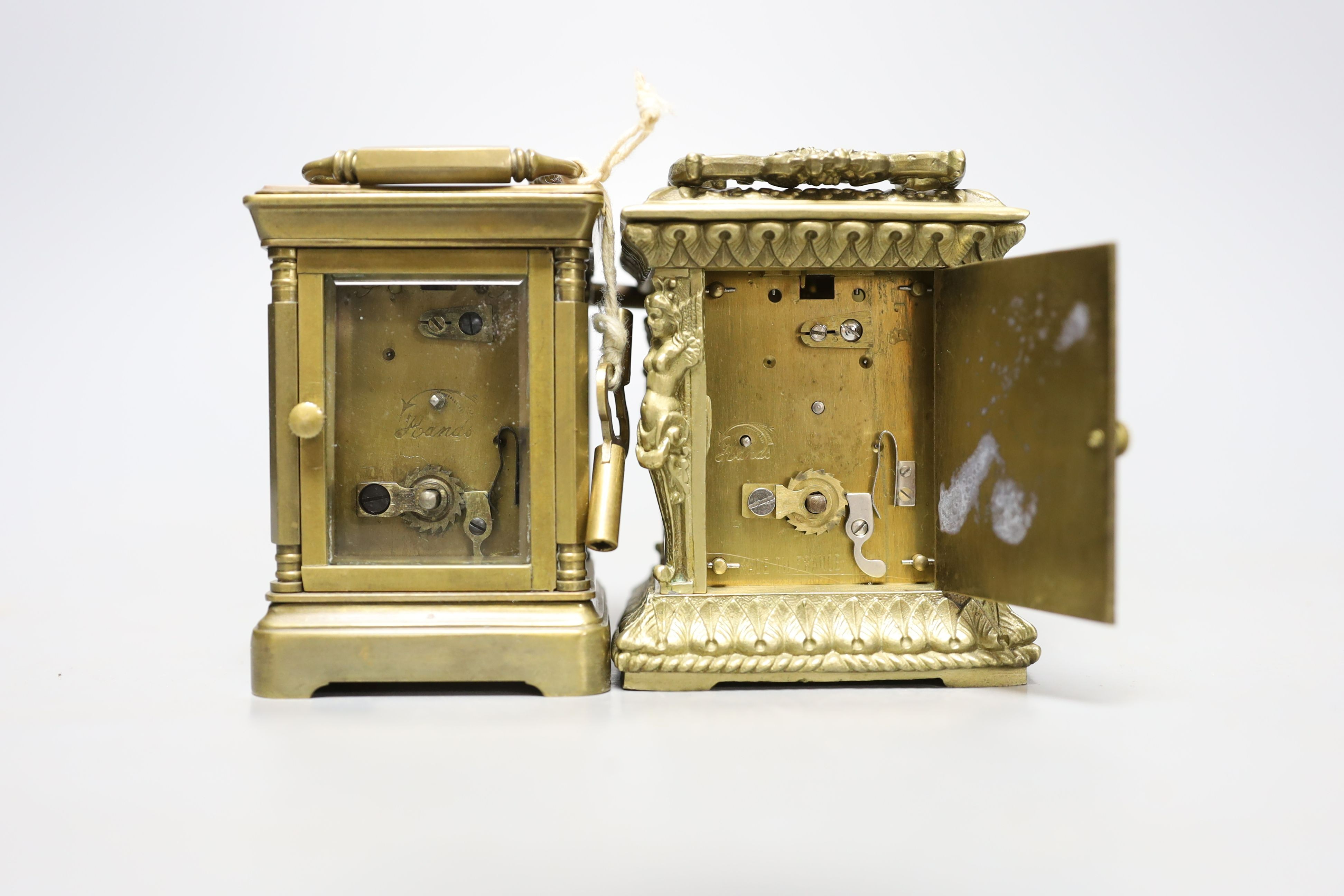 Two small reproduction brass and enamel and brass and cloisonné carriage timepieces, largest 8 cms high.